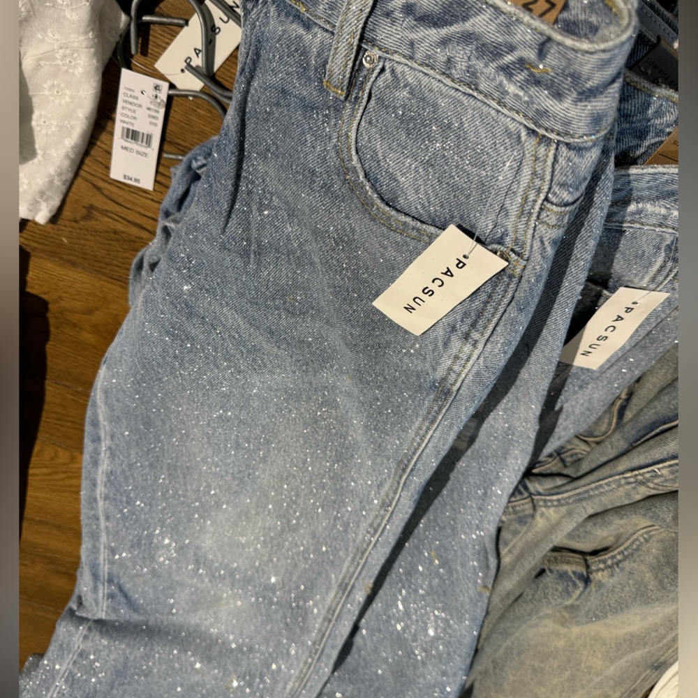 Pacsun eco light indigo glitter low rise jeans baggy size 27